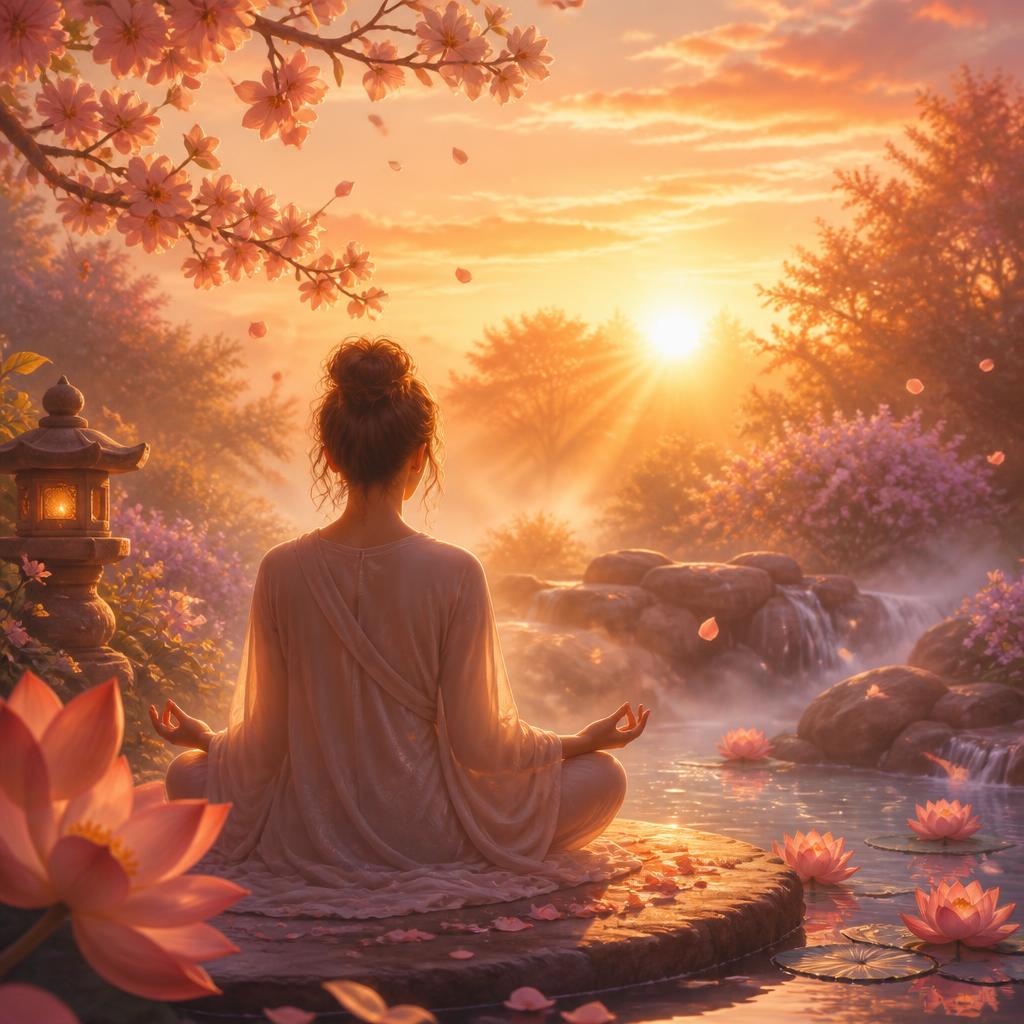 A person meditating peacefully in warm sunrise light surrounded by lotus flowers