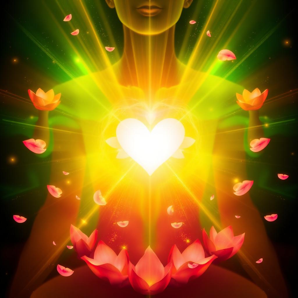 Glowing heart chakra energy with lotus flowers
